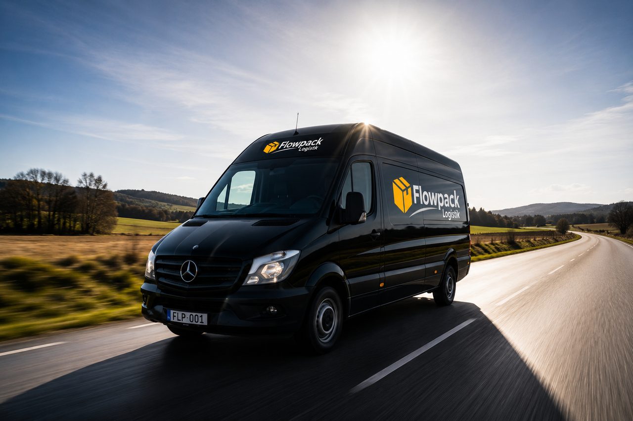 Flowpack Logistik budbil på väg genom det nordiska landskapet